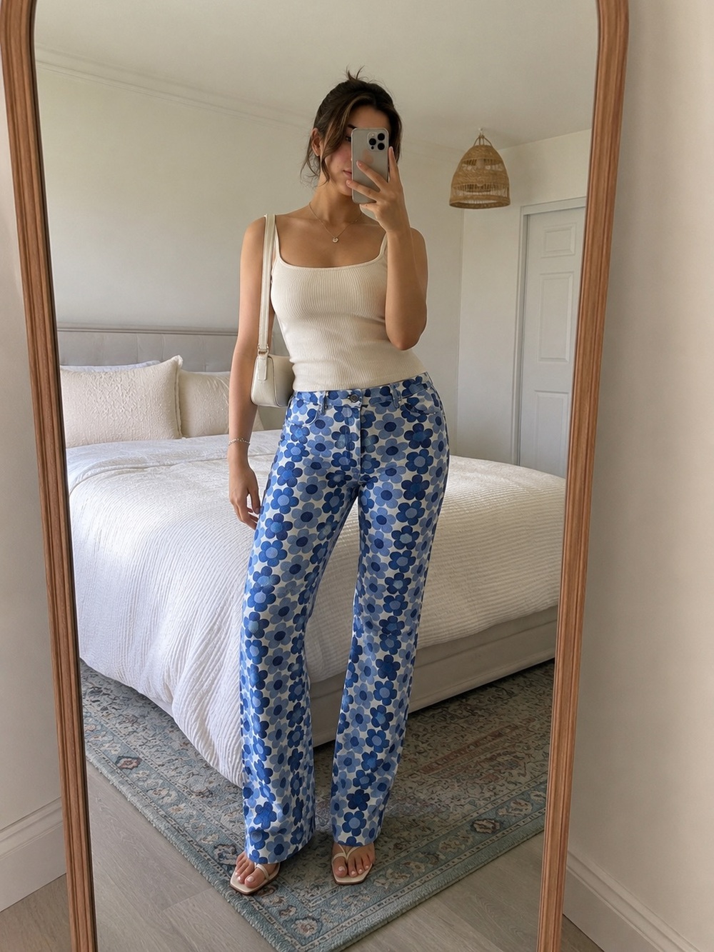 NWOT Zara 100% Cotton Blue Floral Print High Rise Straight Leg Jeans